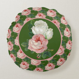 Retro Roze en Witte Roos Patroon Rond Kussen