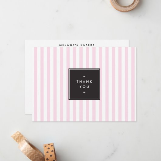 Retro roze en witte strepen Dank u Notitiekaartje (Voorkant / Achterkant in situ)