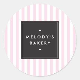 Retro Roze en Witte Stripes Bakery Ronde Sticker