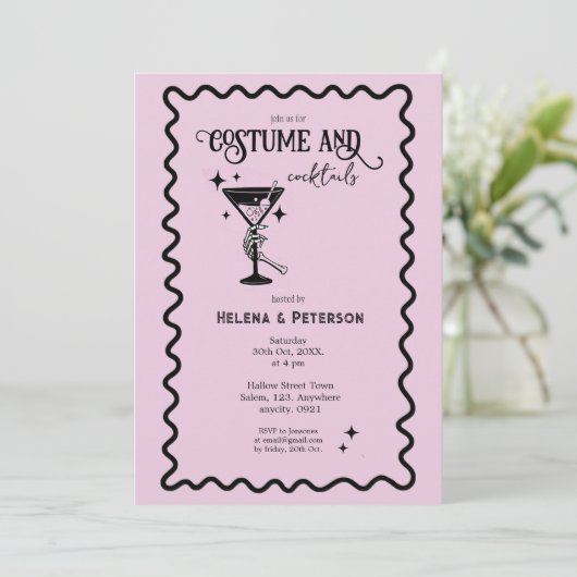 Retro roze en zwarte kostuums en cocktails Party Kaart (Staand voorkant)