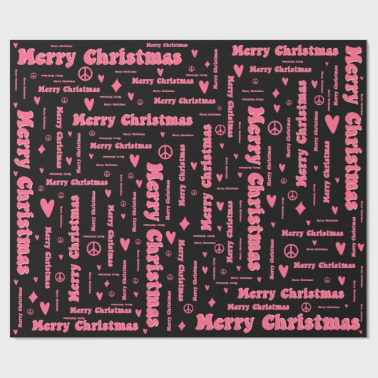 Retro Roze en zwarte prettige kerstvrede en liefde Cadeaupapier (Vlak)