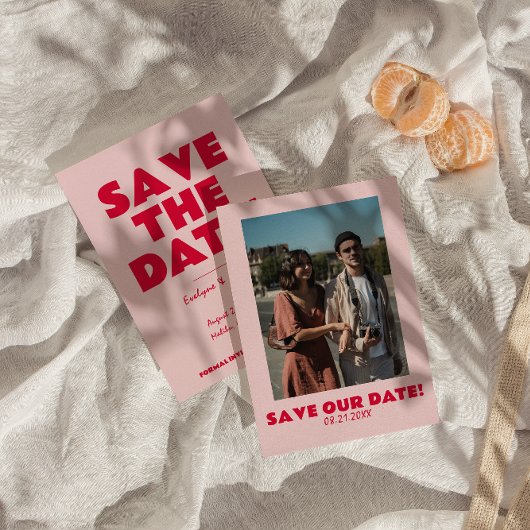 Retro Roze Fel Funky Krachtig Modern Foto Bruiloft Save The Date