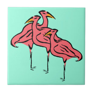 Retro Roze Flamingo Birds Flock op Aqua Blue Tile Tegeltje