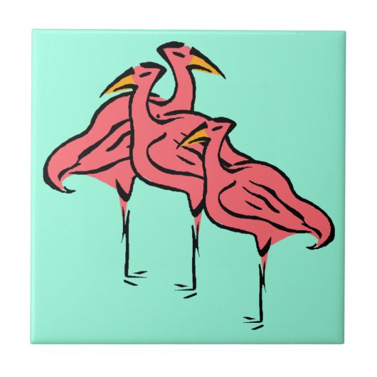 Retro Roze Flamingo Birds Flock op Aqua Blue Tile Tegeltje (Voorkant)