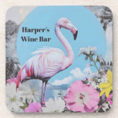 Retro roze flamingo collage bier onderzetter (Voorkant)