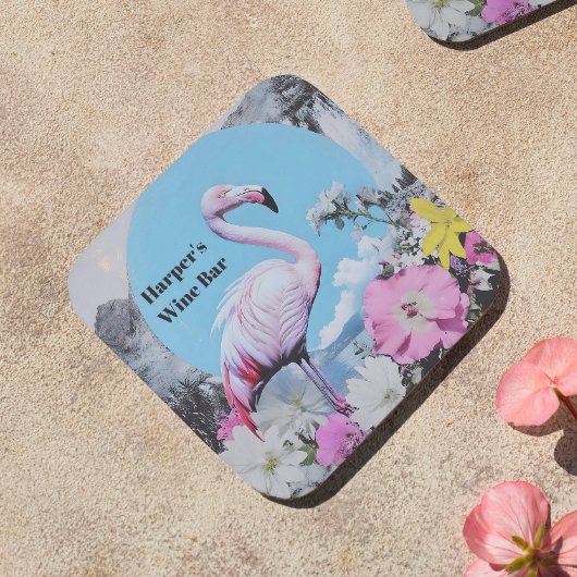 Retro roze flamingo collage bier onderzetter