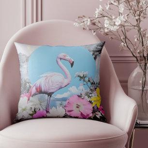 Retro roze flamingo collage kussen