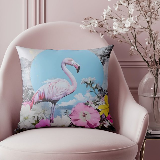 Retro roze flamingo collage kussen (Elevate your style with this standout piece, ideal for lovers of vintage flair )