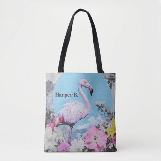 Retro roze flamingo collage tote bag (Voorkant)