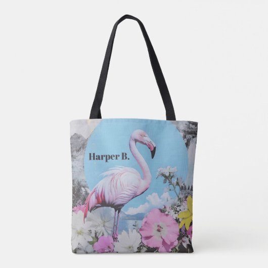 Retro roze flamingo collage tote bag (Achterkant)