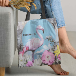Retro roze flamingo collage tote bag
