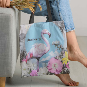 Retro roze flamingo collage tote bag