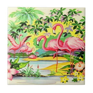  Retro Roze Flamingo Vogels Flocking Tegel Tegeltje