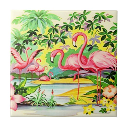 Retro Roze Flamingo Vogels Flocking Tegel Tegeltje (Voorkant)