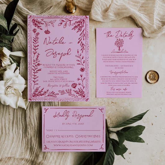 Retro Roze Framboos Getekende Bloemetuin Trouwdag Kaart