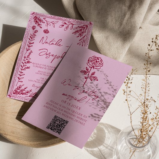 Retro Roze Framboos QR Code Getekende Bloemige Bru Kaart
