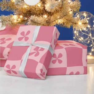 Retro Roze gecontroleerd Floral Patroon Cadeaupapier