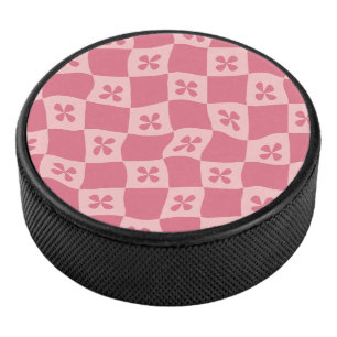 Retro Roze gecontroleerd Floral Patroon Hockey Puck