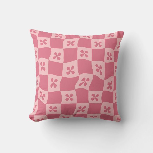 Retro Roze gecontroleerd Floral Patroon Kussen (Voorkant)