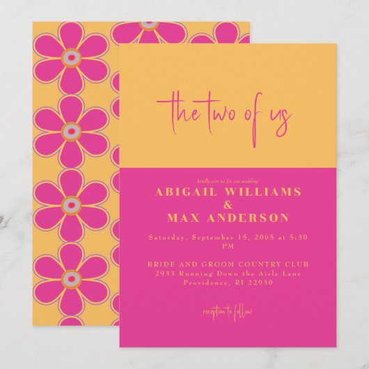 Retro Roze & Geel Bloemen De Twee Van Ons Bruiloft Kaart (Voorkant / Achterkant)