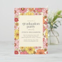 Retro Roze Geel Bloemstuk Groovy Afstudeerfeest Kaart