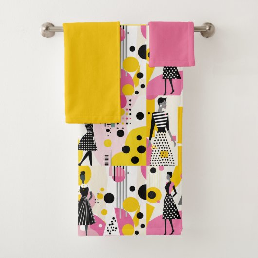 Retro roze geel zwart dames bad handdoek (Insitu)