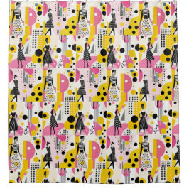 Retro Roze Geel Zwart Mode Dames Douchegordijn