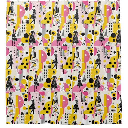 Retro Roze Geel Zwart Mode Dames Douchegordijn (Voorkant)