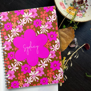 Retro Roze Geïllustreerd Bloemmotief Notitieboek