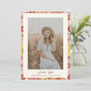 Retro Roze Gele Bloem Foto Afstudeerfeest Kaart