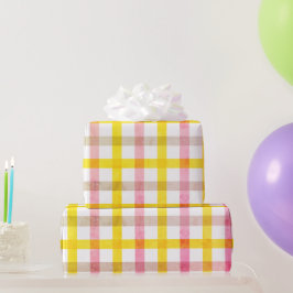 Retro Roze Gele Check Pattern Paasmeisje Cadeaupapier