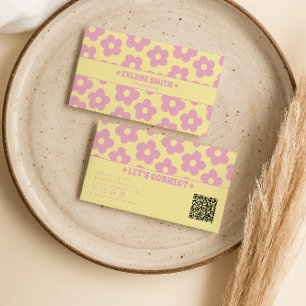 Retro Roze Gele QR-code Groovy Bloemig Meisjesacht Visitekaartje