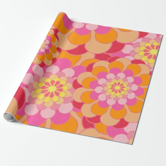 Retro Roze Gele Tones Floral Pattern Cadeaupapier (Uitgerold)