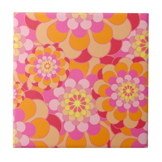 Retro Roze Gele Tones Floral Pattern Tegeltje (Voorkant)