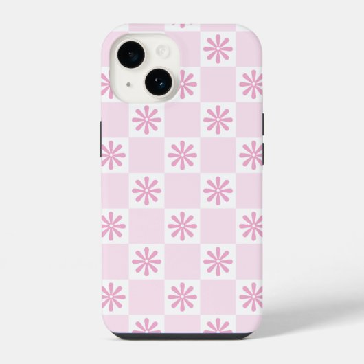 Retro roze geruit bloempatroon iPhone hoesje (Achterkant)
