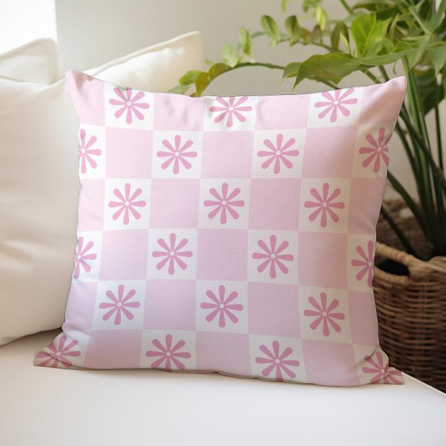 Retro roze geruit bloempatroon kussen (Creator heeft geüpload)