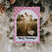 Retro Roze Geruite Boog Familiefoto Feestdagenkaart