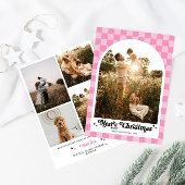 Retro Roze Geruite Boog Familiefoto Feestdagenkaart