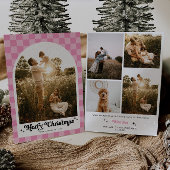 Retro Roze Geruite Boog Familiefoto Feestdagenkaart