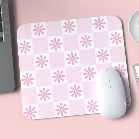 Retro roze geruite gebloemde patroon muismat
