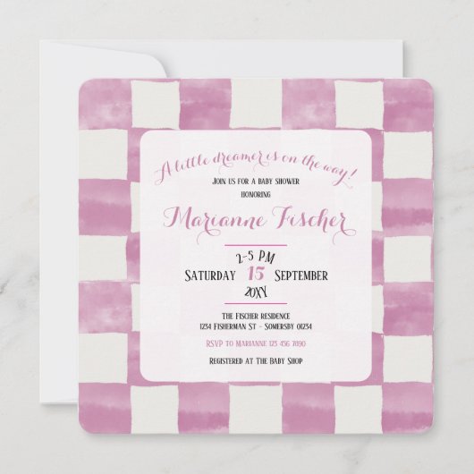 Retro roze geruite meisje babyshower uitnodiging (Voorkant)