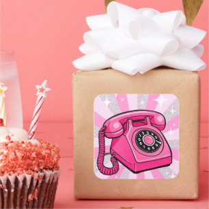 Retro Roze Glitter Draaischijf Huistelefoon Vierkante Sticker