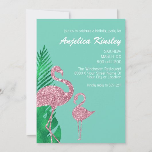 Retro Roze Glitter Flamingo en Palmbladeren Kaart (Voorkant)