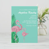 Retro Roze Glitter Flamingo en Palmbladeren Kaart (Staand voorkant)