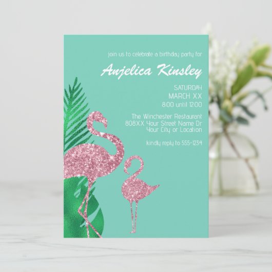 Retro Roze Glitter Flamingo en Palmbladeren Kaart (Staand voorkant)