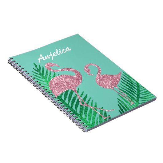 Retro Roze Glitter Flamingo en Palmbladeren Notitieboek (Rechterzijde)