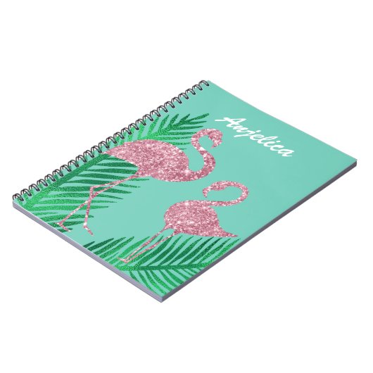 Retro Roze Glitter Flamingo en Palmbladeren Notitieboek (Linkerzijde)