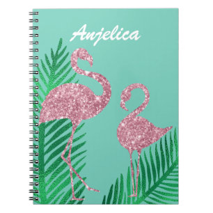 Retro Roze Glitter Flamingo en Palmbladeren Notitieboek