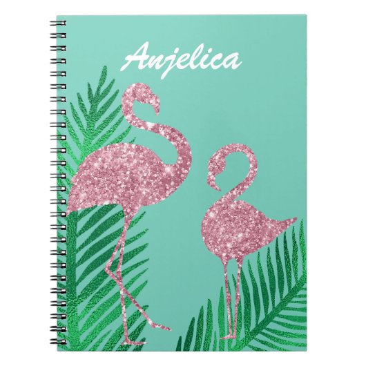 Retro Roze Glitter Flamingo en Palmbladeren Notitieboek (Voorkant)