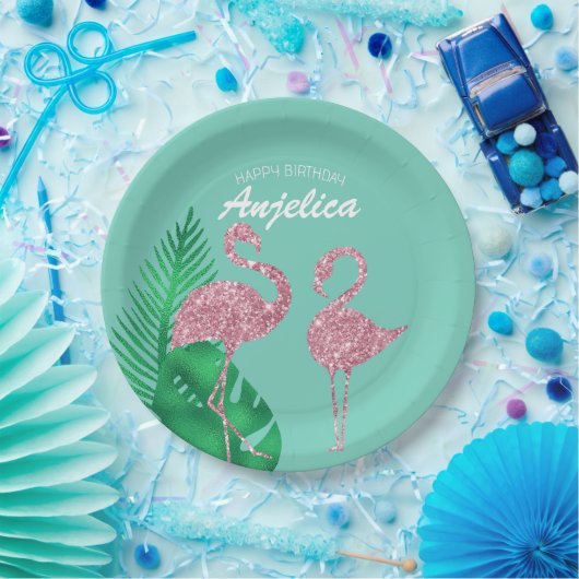 Retro Roze Glitter Flamingo en Palmbladeren Papieren Bordje (Feest)